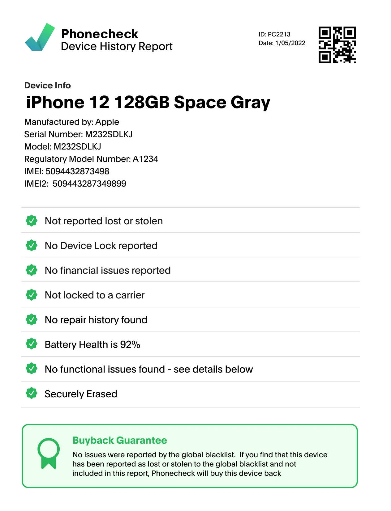 Example Phonecheck device history report